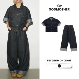 Set Denim On Denim GODMOTHER Bộ Đồ Nam Set 2 Món (Áo + Quần) Cộc tay Form Rộng Phong Cách Trẻ Trung