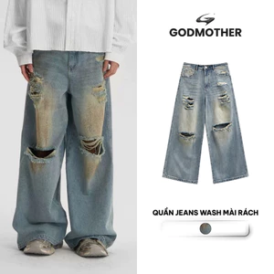 Quần Jeans Wash Ống Rộng GODMOTHER Quần Jeans Mài Rách Phong Cách Form Rộng Unisex Nam Nữ
