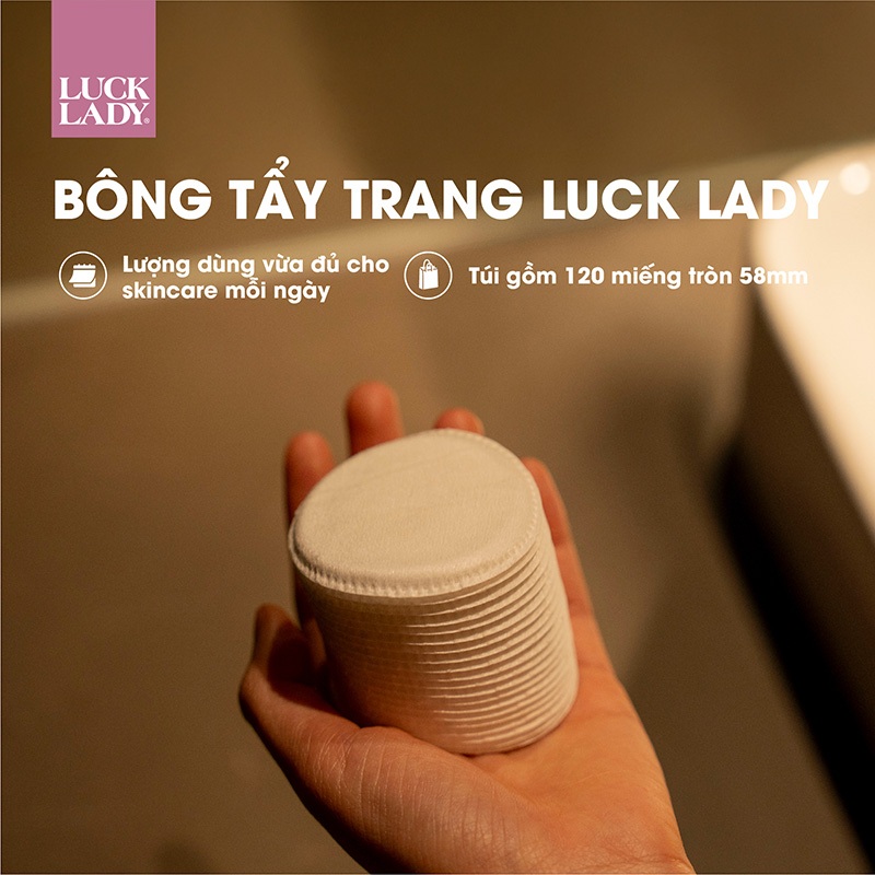 Combo 5 túi bông tẩy trang Luck Lady dạng túi rút 120 miếng, kích thước bông 58mm, mềm mịn, làm sạch da, an toàn cho da