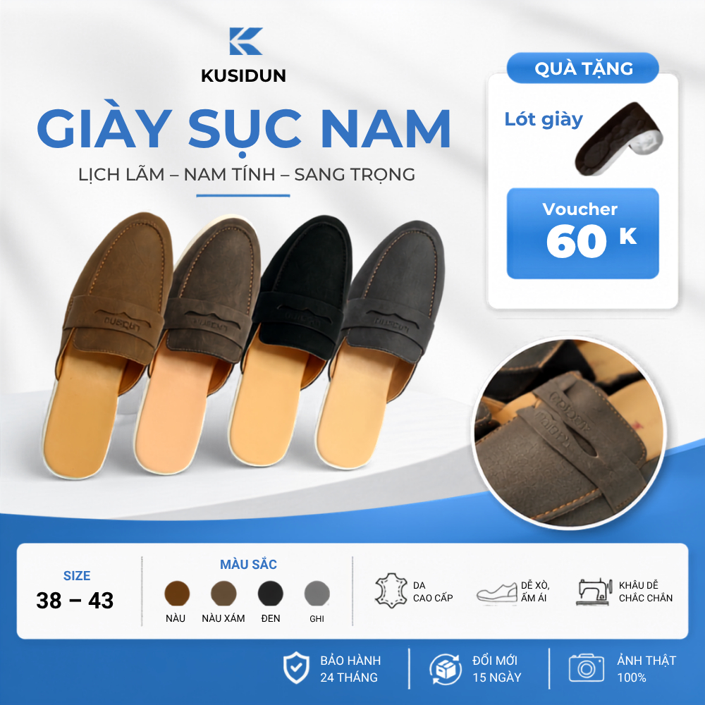 Giày Sục Nam Da Cao Cấp KUSIDUN Đế Cao Su Chống Trơn Trượt Hở Gót Thời Trang Nam Công Sở KSD01