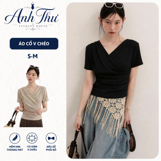 Áo Thun Nữ Cổ V Chéo Ôm Body, Xếp Ly Thời Trang Co Giãn 4 Chiều - TL 002