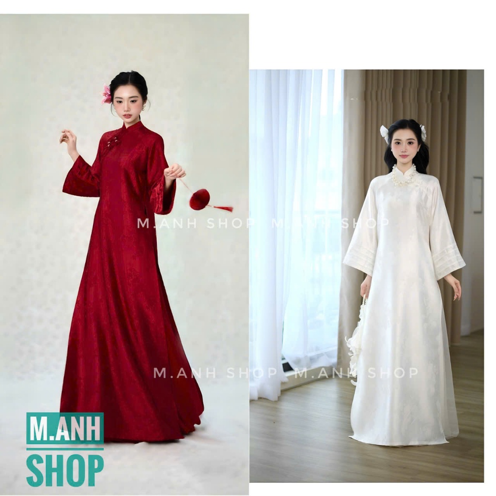 Áo Dài Cô Dâu YÊN CHI Tay Loe Dập Ly Tà Rộng Mặc Cưới Hỏi Lễ Tết