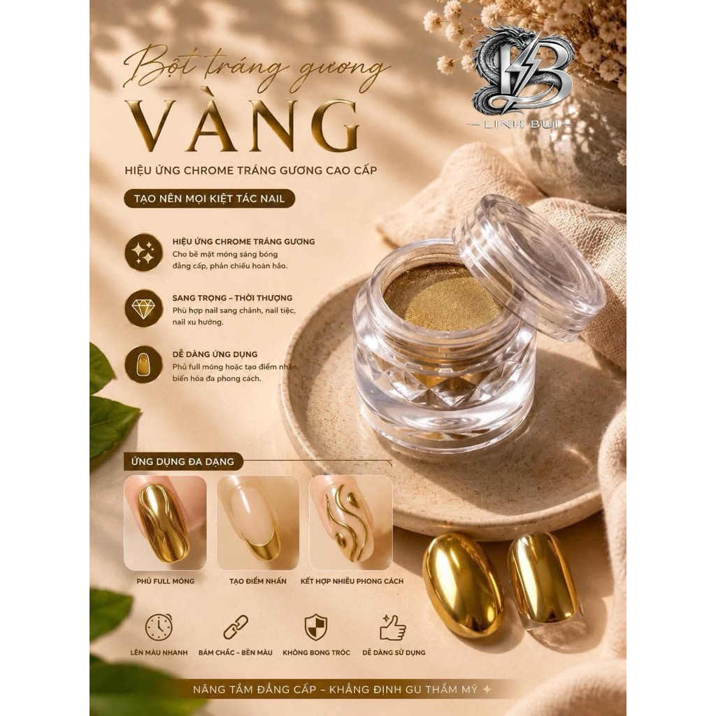 Bột tráng gương vàng (Chrome gold nail powder) Linh Bùi
