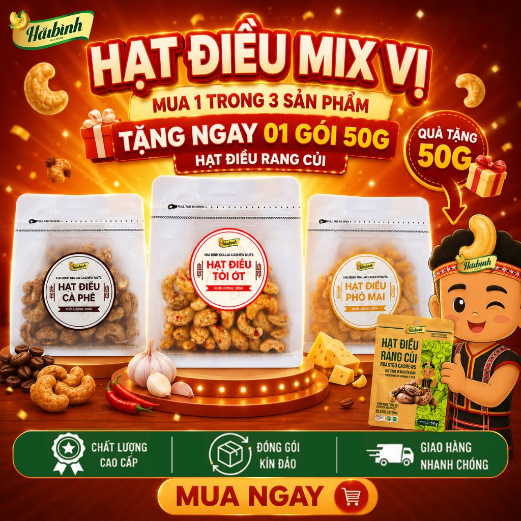 [Mua 1 tặng 1 gói rang củi 50g] Hạt điều tẩm vị Tỏi ớt / Cà phê / Phô mai Hải Bình Gia Lai Túi Zipper 200g