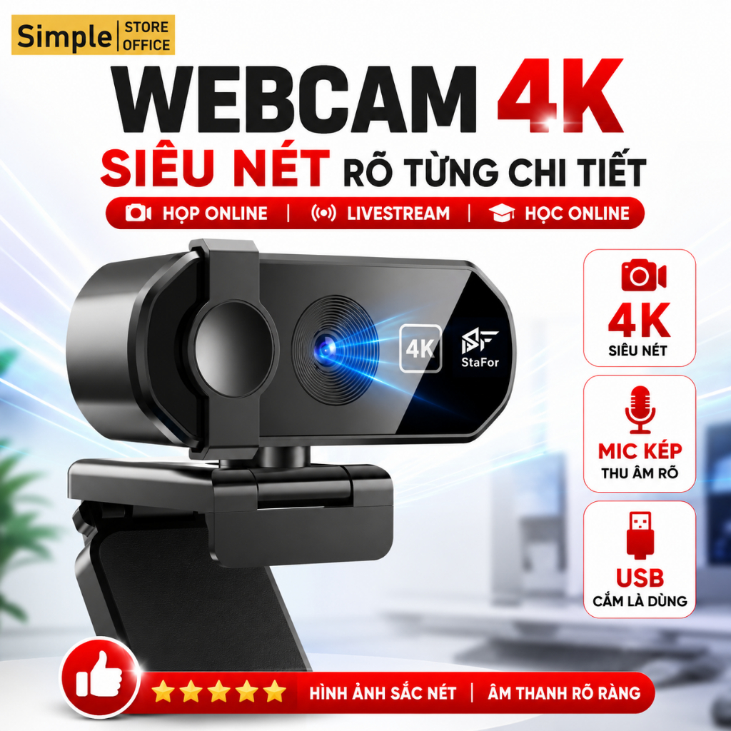 Webcam 4K 2K StaFor Camera Máy Tính Có Mic Sắc Nét Cho PC Laptop Livestream Trực Tuyến Chính Hãng