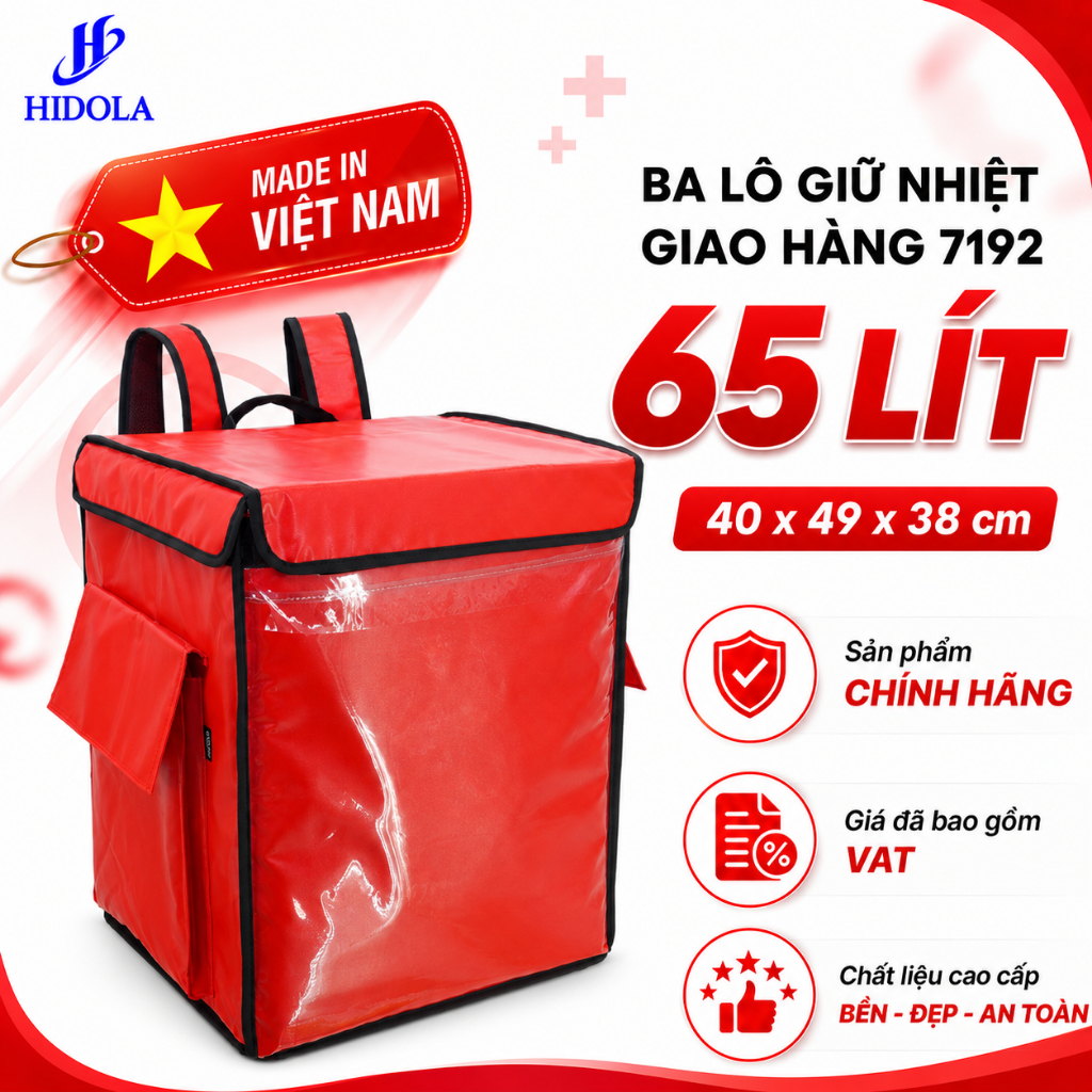 Balo Giao Hàng Giữ Nhiệt HIDOLA Balo Shipper Giao Hàng Bền Đẹp Chống Thấm Nước Dung Tích Lớn 65 LÍT, 7192