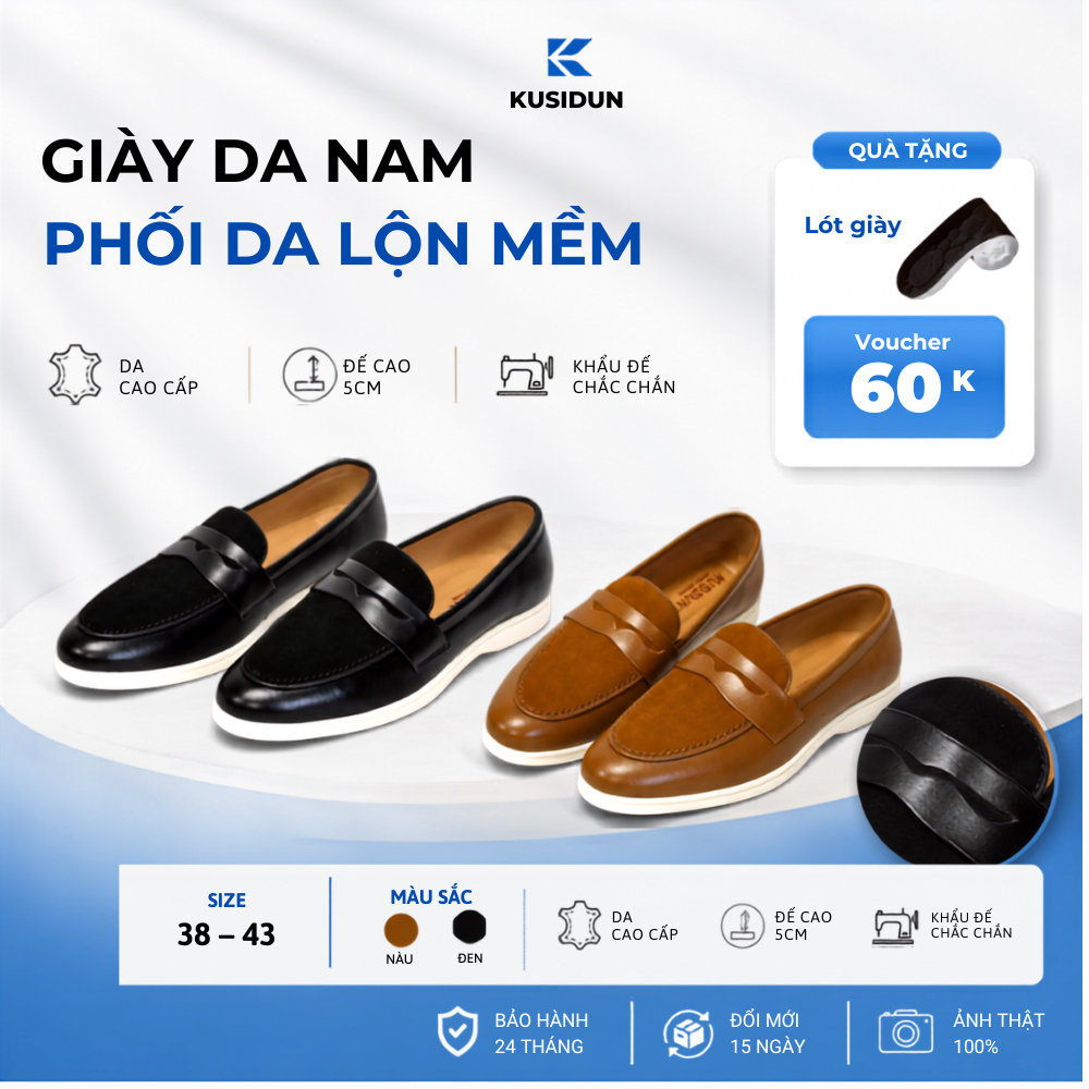 Giày Da Nam Phối Da Lộn Mềm KUSIDUN Đế Cao Su Chống Trơn Trượt Êm Ái Thời Trang Công Sở Nam KSD02
