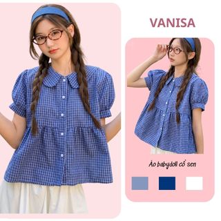 Áo kiểu caro nữ babydoll tay ngắn cổ tròn form rộng vải cotton VANISA CT427