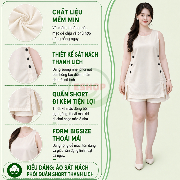 Bộ Đồ Nữ Bigsize Sang Trọng A587 ESHOP Set Áo Suông Sát Nách Kèm Quần Short Mặc Nhà Đi Chơi 45-85kg