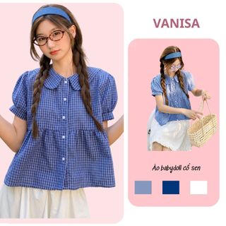 Áo sơ mi nữ cotton dáng babydoll caro xanh tay ngắn phồng nhẹ cổ tròn VANISA CT427