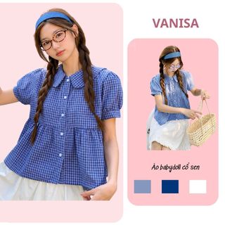 Áo nữ dáng babydoll cổ tròn caro xanh tay bo chun chất cotton xinh xắn VANISA CT427