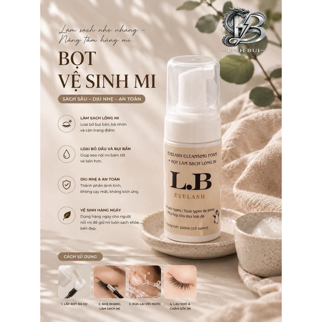 Bọt Vệ Sinh Mi LB 100ml | Eyelash Cleansing Foam Làm Sạch Mi Trước Sau Khi Nối Mi | Dụng Cụ Lash Linh Bùi