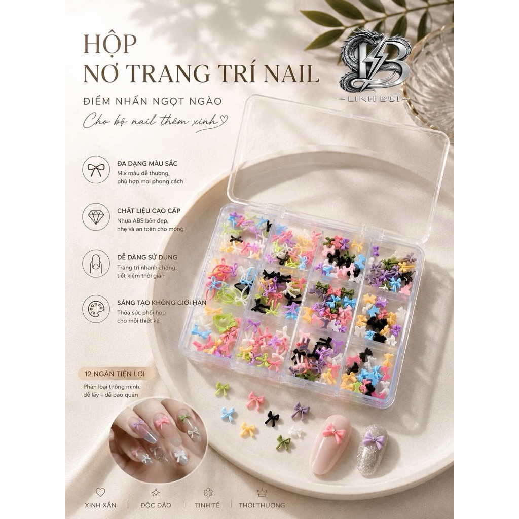 HỘP NƠ TRANG TRÍ NAIL 12 Ô LINH BÙI – PHỤ KIỆN ĐÍNH MÓNG CAO CẤP
