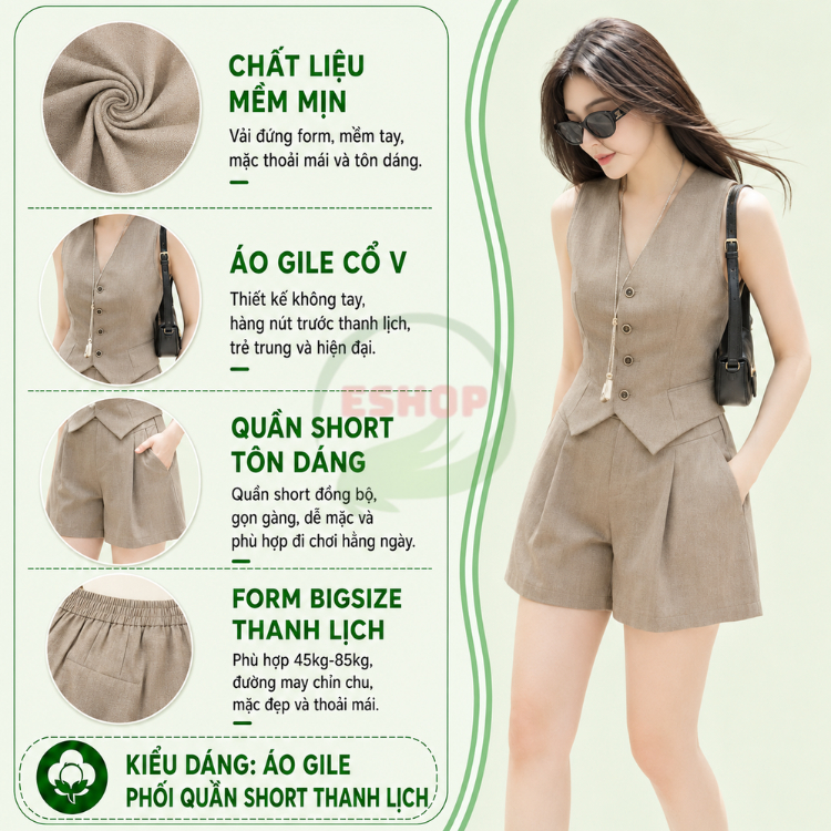 Set Đồ Nữ Bigsize ESHOP A394 Áo Ghi Lê Phối Quần Đùi Short Cotton Lạnh, Set Bộ Mùa Hè Sang Chảnh