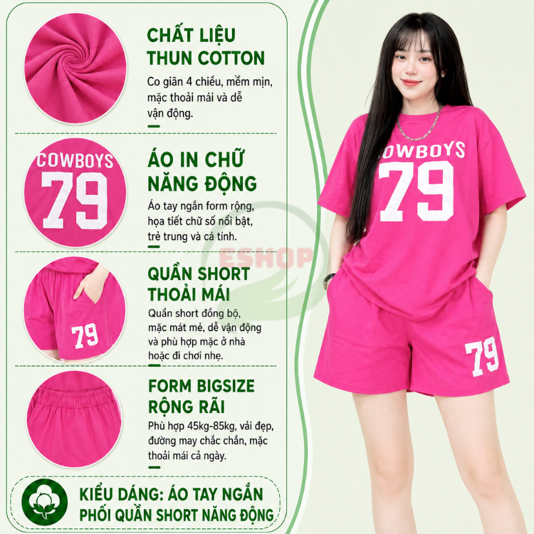 Set Đồ Bộ Nữ Bigsize 45-85kg Quần Đùi Thun Gân Cotton Co Giãn Mặc Nhà Đi, Chơi Mùa Hè ESHOP DB79