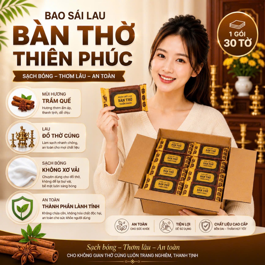 Khăn Ướt Bao Sái Lau Bàn Thờ Bách Phúc – Hộp 24 Gói Hương Trầm / Quế