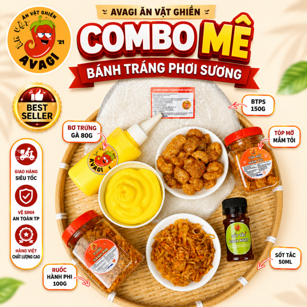 Bánh tráng Phơi Sương COMBO Ú Ù AVAGI (Bánh tráng, Tóp mỡ, túi Bơ, Ruốc hành phi, sốt tắc, ớt rim)