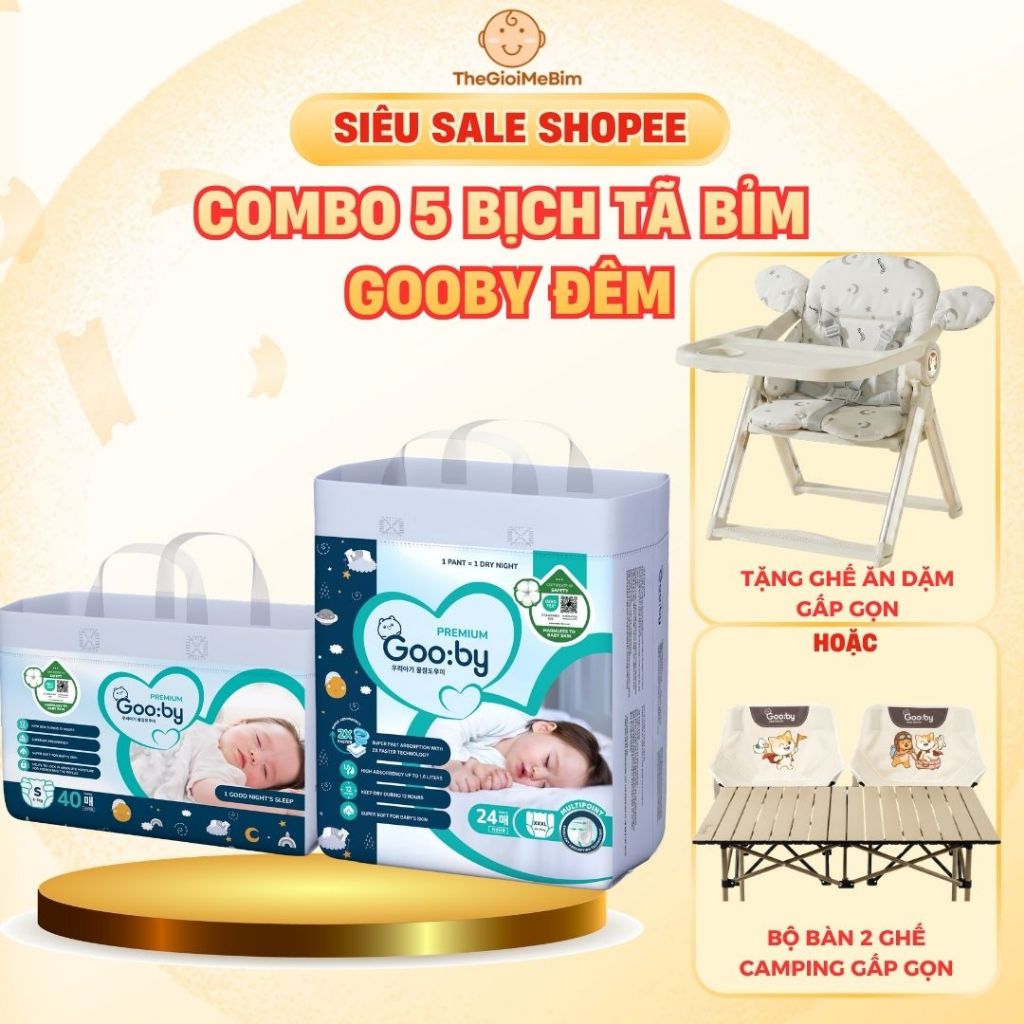 [ Tặng Ghế Ăn Dặm Gâp Gọn hoặc Bàn Ghế Camping Gấp Gọn - Combo 5 Bịch ] Tã/Bỉm Dán Quần Gooby Đêm Đủ Size