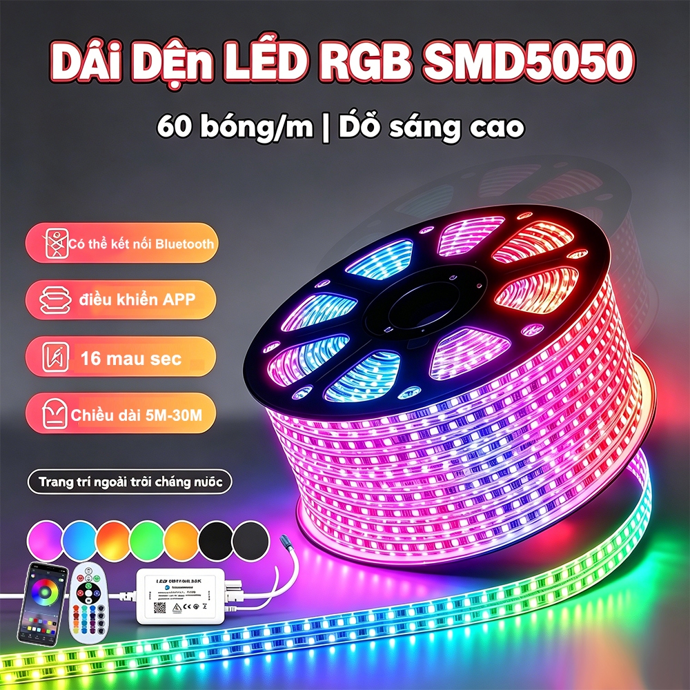 220V Dải Đèn Led Có Chế Độ Nháy Theo Nhạc Điều Chỉnh Bằng Remote Và App Không Thấm Nước IP67