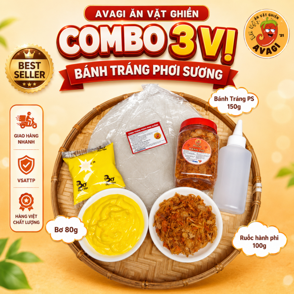Bánh tráng Phơi Sương COMBO Ú Ù AVAGI (Bánh tráng, Tóp mỡ, túi Bơ, Ruốc hành phi, sốt tắc, ớt rim)