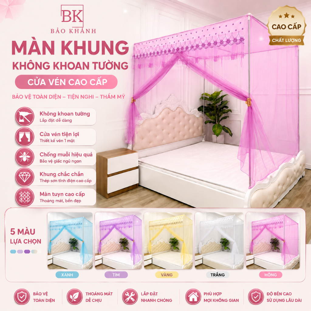 Màn Khung Không Khoan Tường Inox 304 Cửa Vén Cao Cấp | Mùng Ngủ Chống Muỗi  Tiện Lợi