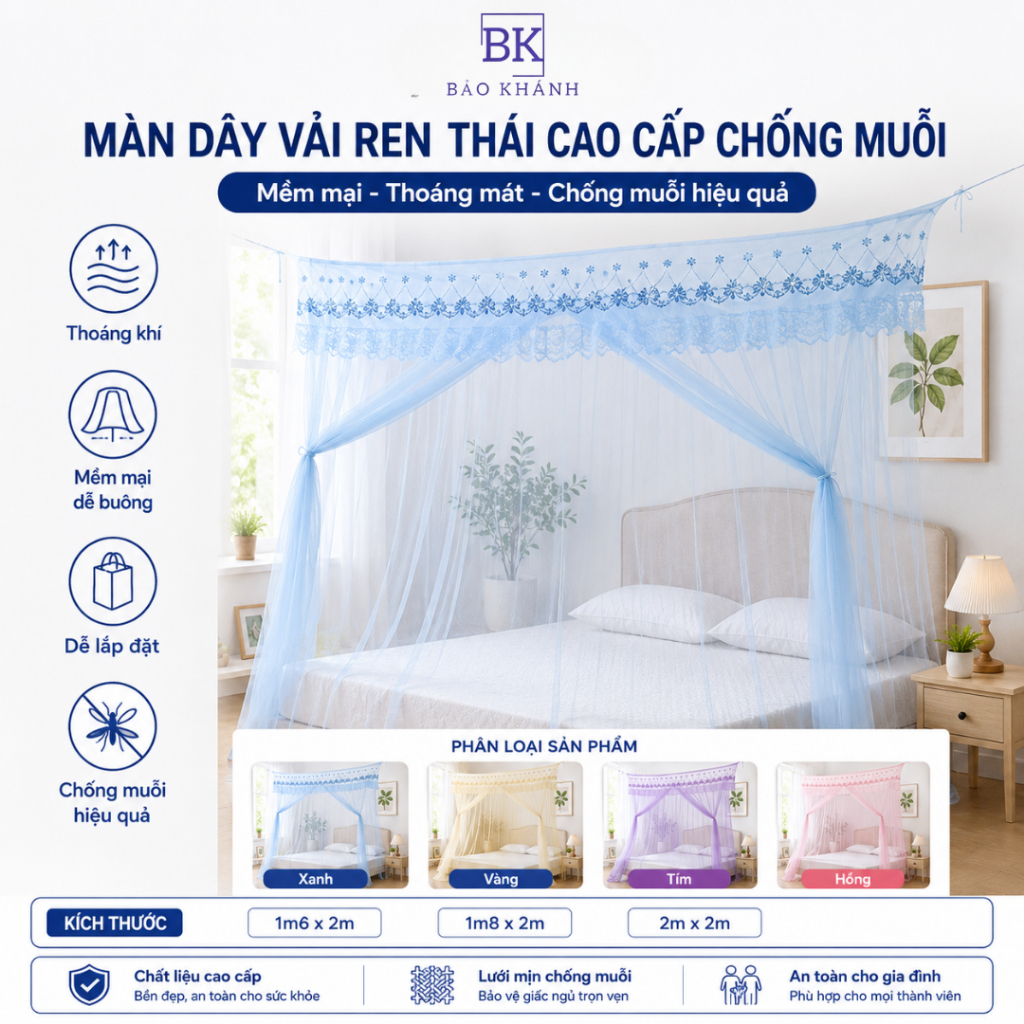 MÀN DÂY VẢI REN THÁI CAO CẤP CHỐNG MUỖI – DECOR PHÒNG NGỦ SANG TRỌNG
