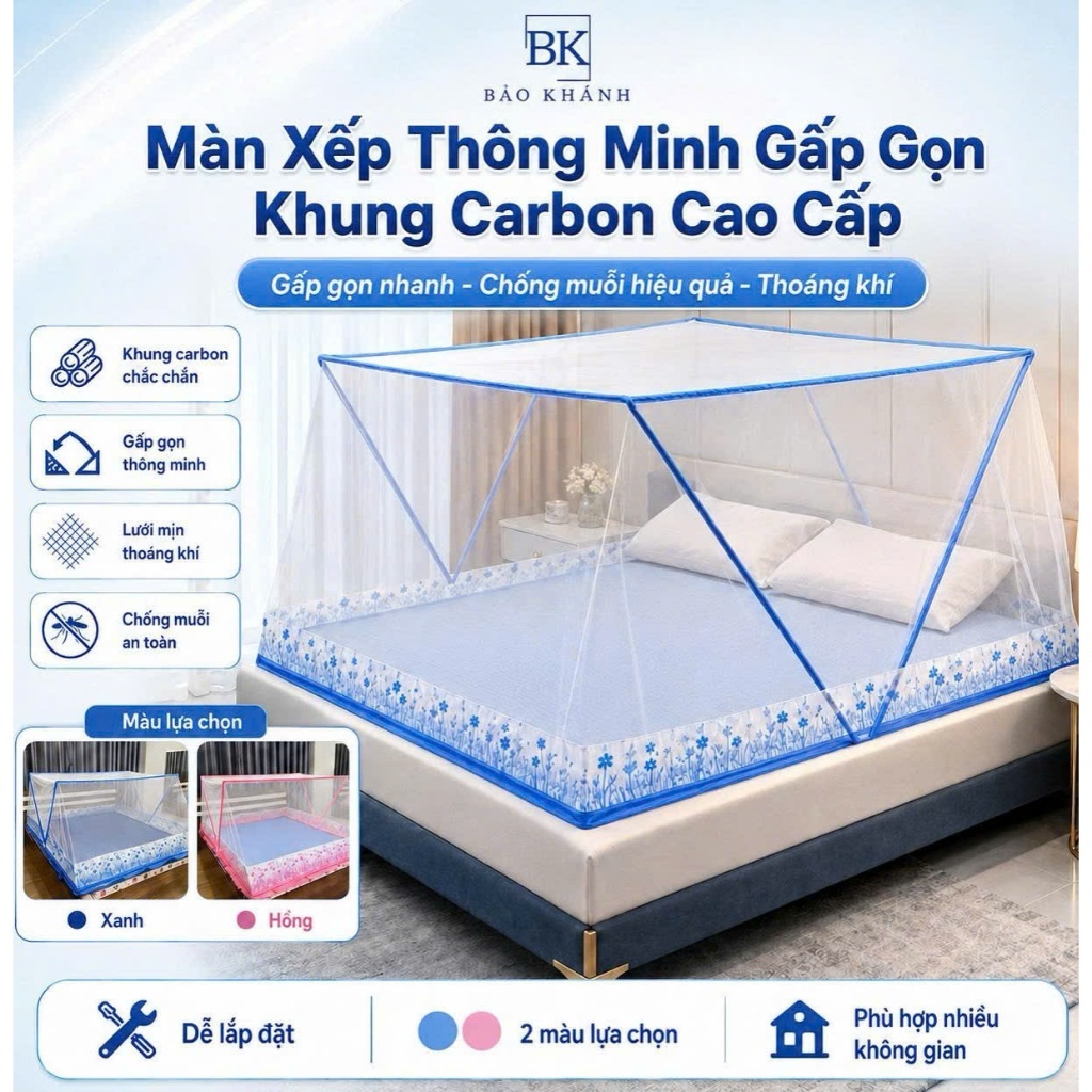 Màn Xếp Thông Minh Gấp Gọn Chống Muỗi Cao Cấp Cho Người Lớn & Trẻ Em, Mùng Ngủ Thông Minh Dễ Lắp