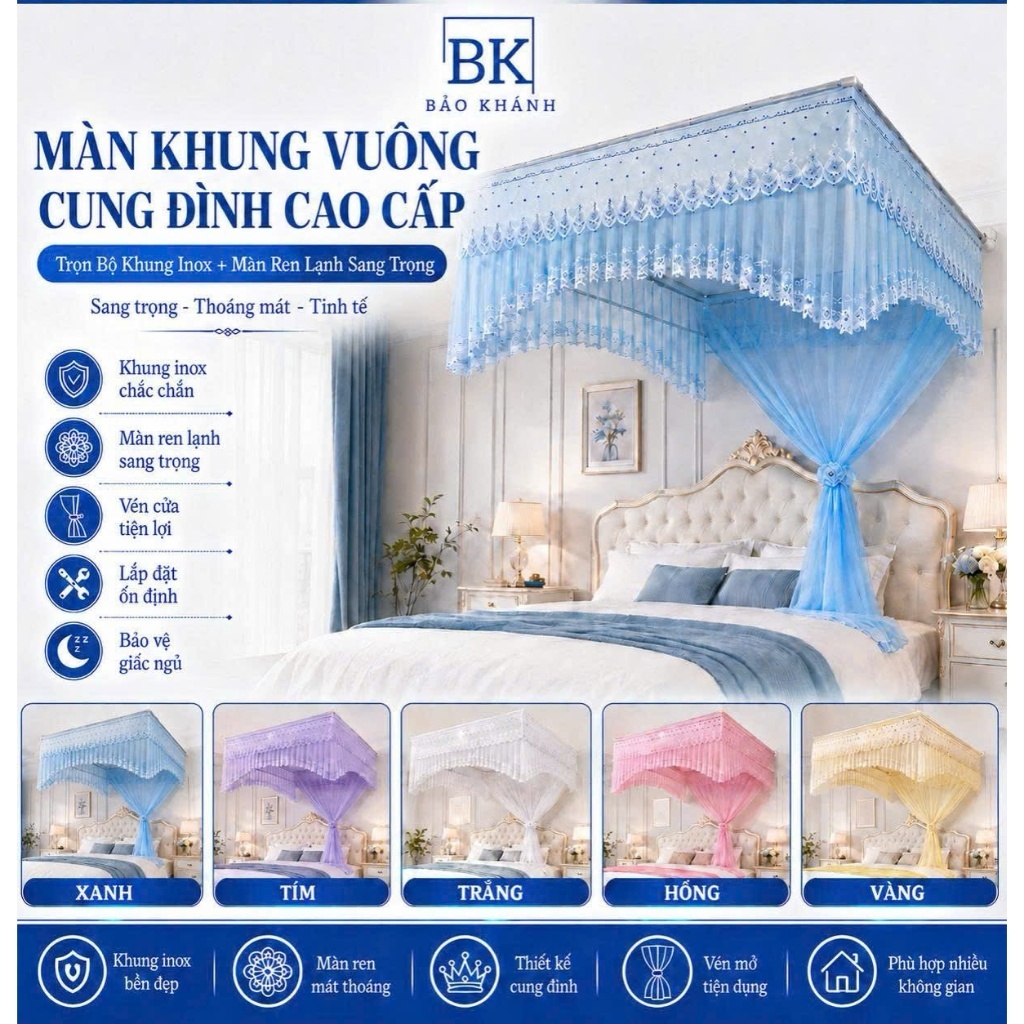 Màn Khung Vuông Cung Đình Cao Cấp – Trọn Bộ Khung Inox + Màn Ren Lạnh Sang Trọng