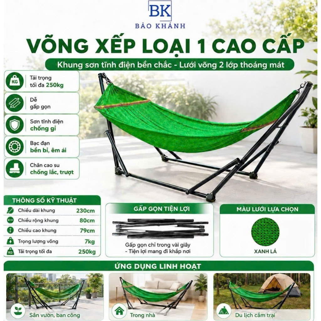 Võng Xếp Loại 1 Cao Cấp – Khung Sắt Sơn Tĩnh Điện Chắc Chắn, Gấp Gọn Dễ Dàng – Bảo Hành 12 Tháng