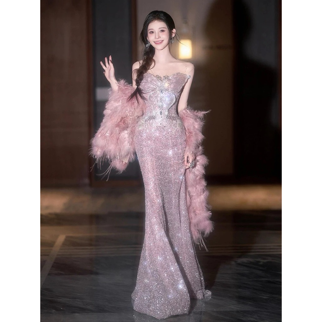 [Kèm Choàng] Đầm Dạ Hội Đuôi Cá Kim Sa Cao Cấp Cúp Ngực Đính Đá Ôm Dáng Sang Trọng Dự Tiệc Cưới Sự Kiện