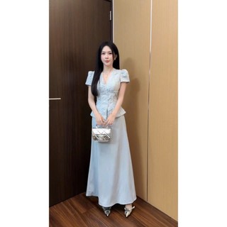 Set bộ áo tay cộc thêu hoa phối chân váy dáng chữ A tiểu thư