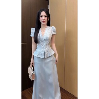 Set bộ áo tay cộc thêu hoa phối chân váy dáng chữ A tiểu thư