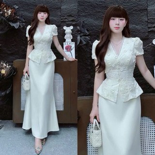 Set bộ áo tay cộc thêu hoa phối chân váy dáng chữ A tiểu thư