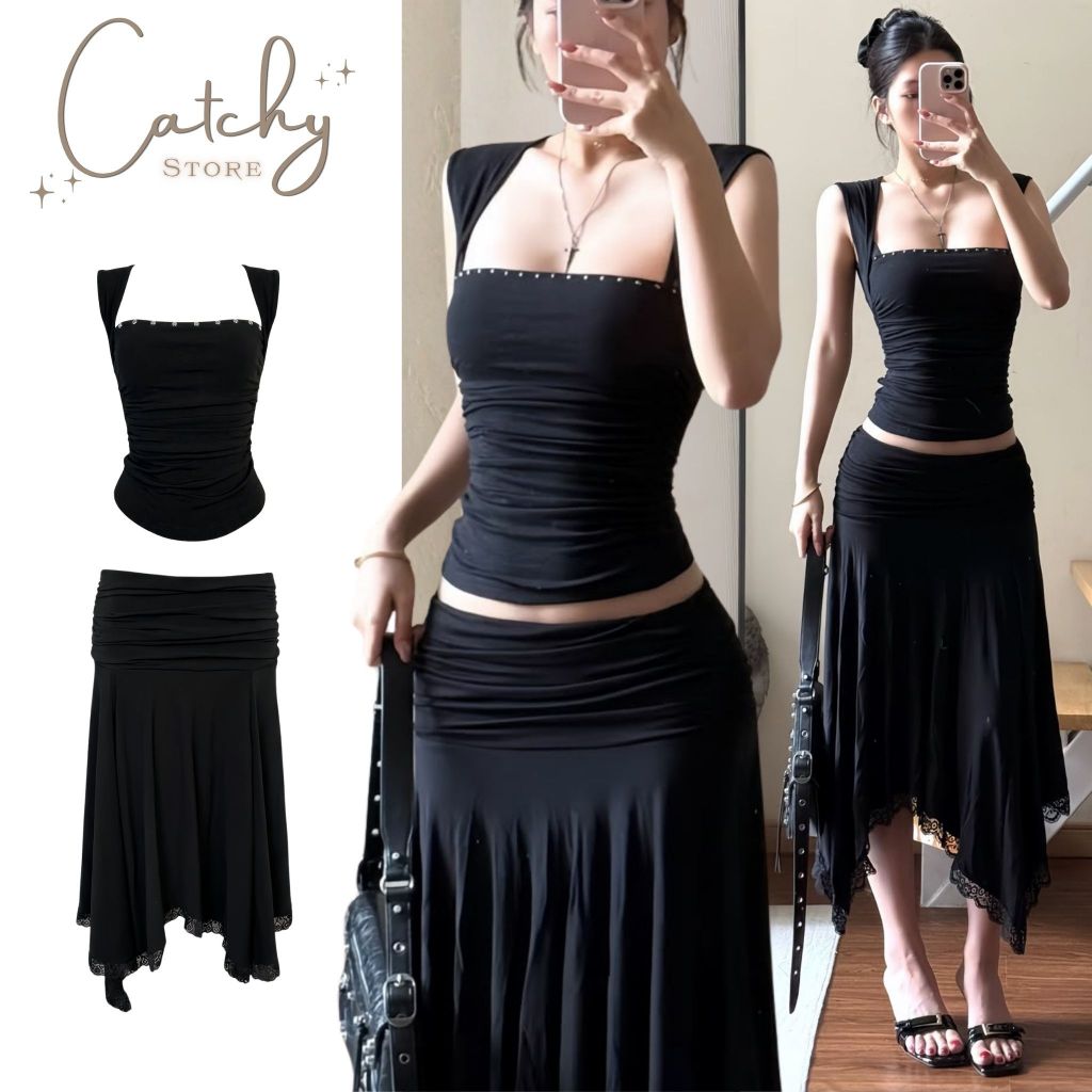 Set Áo Ôm Nhún Eo Cổ Vuông Đính Đá Kèm Chân Váy Tà Lệch Viền Ren Phong Cách Y2K CATCHYstore