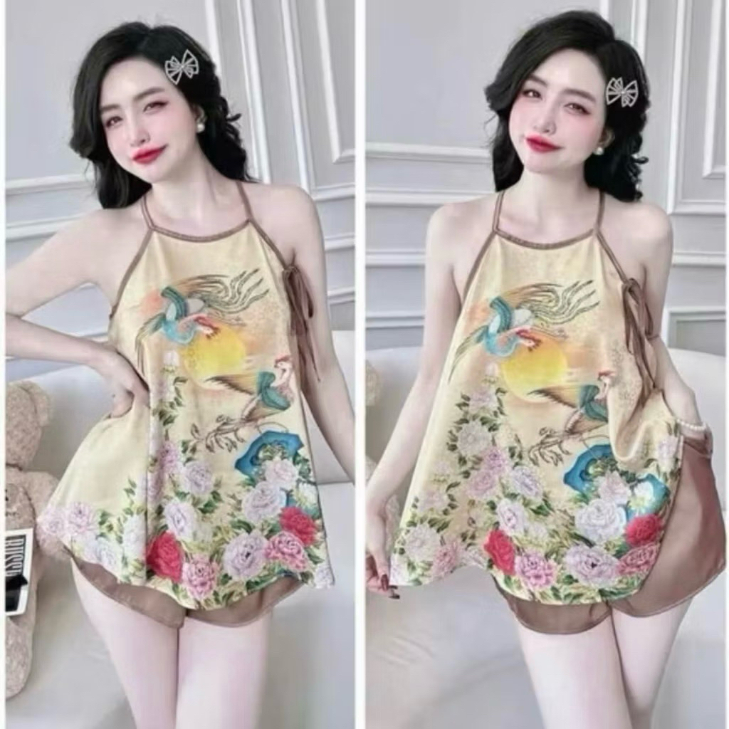 Đồ bộ -Yếm Phi in 3D thời trang cho Nữ - áo không nút, quần có ko túi 40-60kg