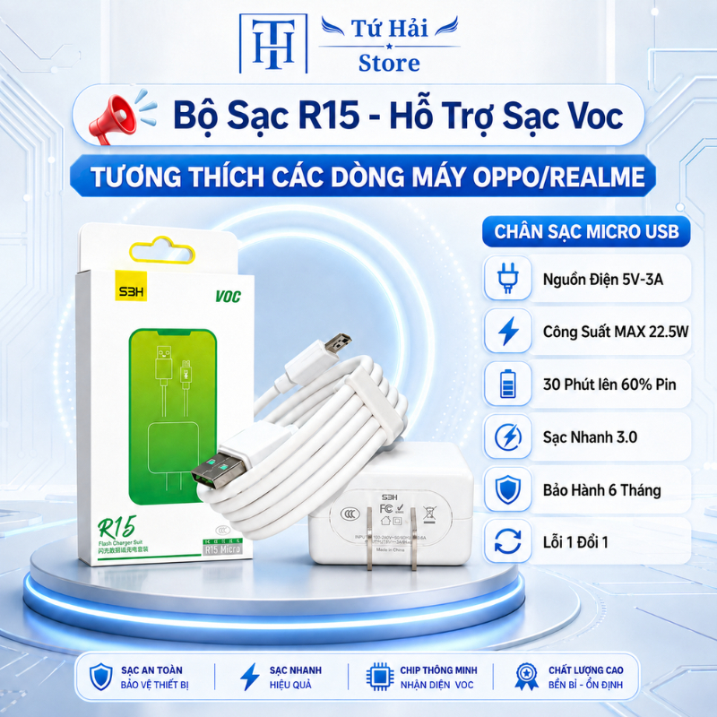 (R15 MICRO) Bộ Sạc Nhanh VOC 3.0 20W USB MICRO - Tương Thích Máy OPPO/REALME F9 / F11 / R9 / R11..