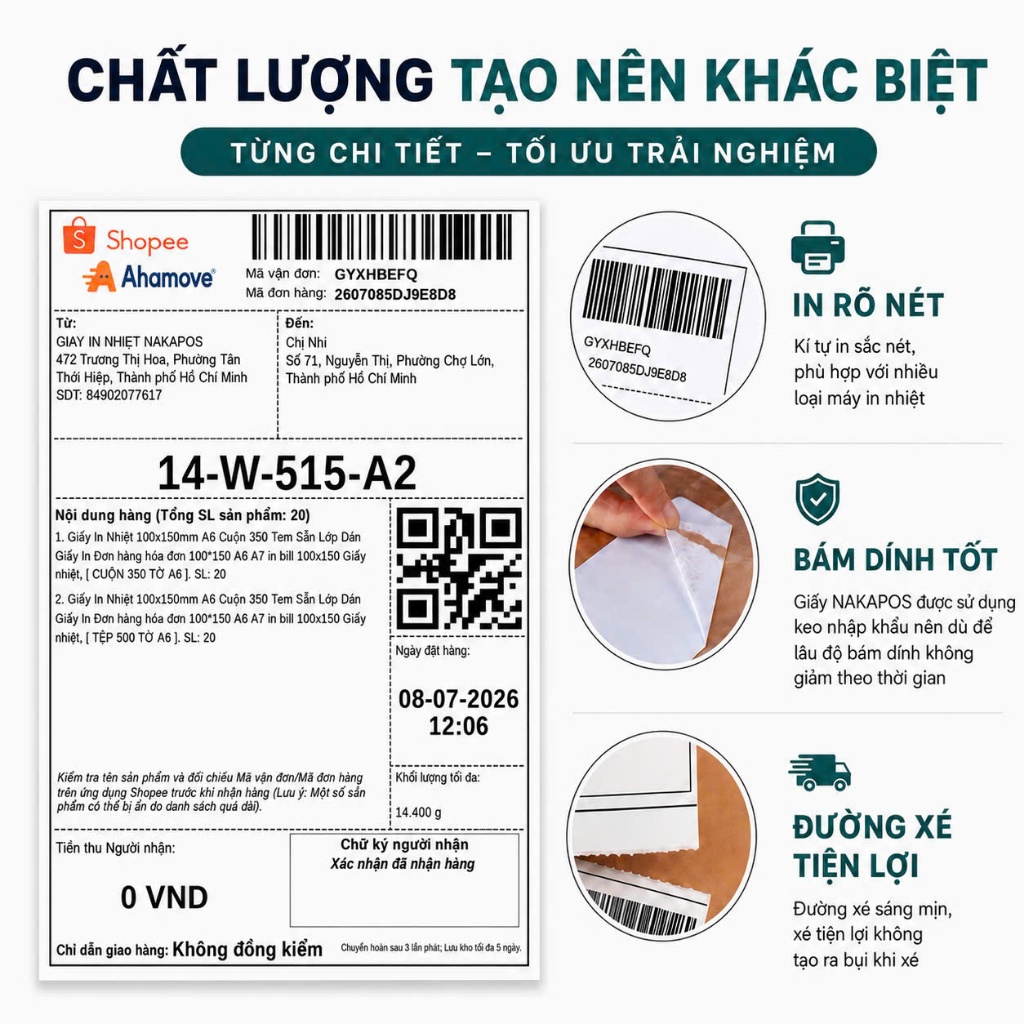 [FULL VAT] Giấy In Nhiệt A7 dán được GIấy in đơn hàng 75x100 Tem vận chuyển 70x100 80x100 Decal Giấy in phiếu giao hàng