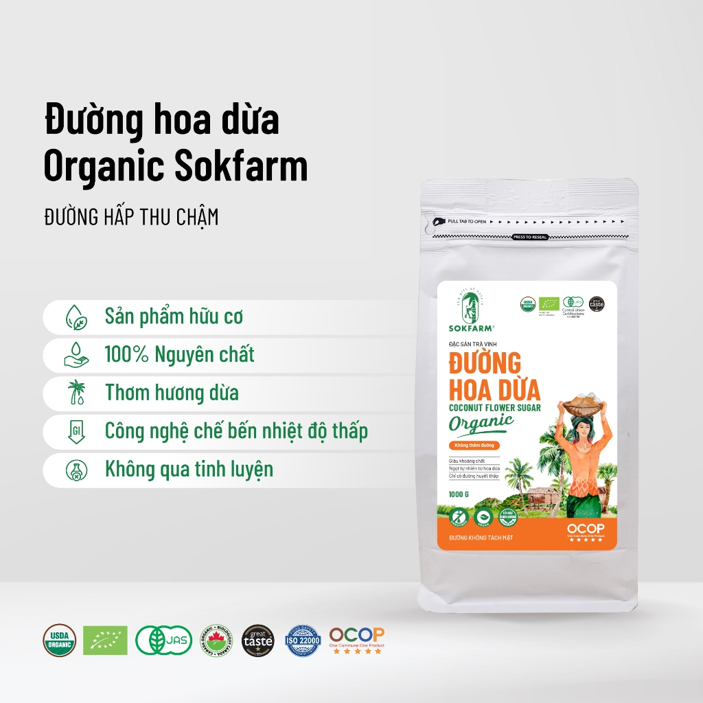 Đường hoa dừa hữu cơ Sokfarm, đường hoa dừa nguyên chất giàu dinh dưỡng và khoáng chất tự nhiên