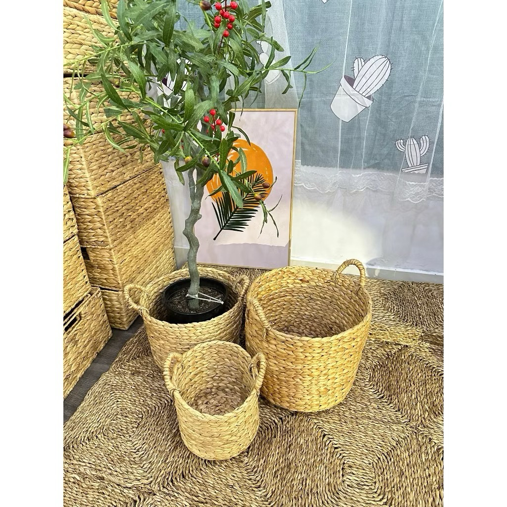 Giỏ cói lục bình có quai cầm, giỏ đựng đồ đa năng, sọt cói trồng cây, sọt đựng đồ chơi cho bé, giỏ đựng quần áo, mây tre