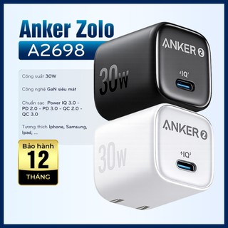 Củ sạc Anker Zolo 30W, model A2698, 1 cổng USB C, công nghệ GaN siêu mát, chuẩn sạc IQ3/PD