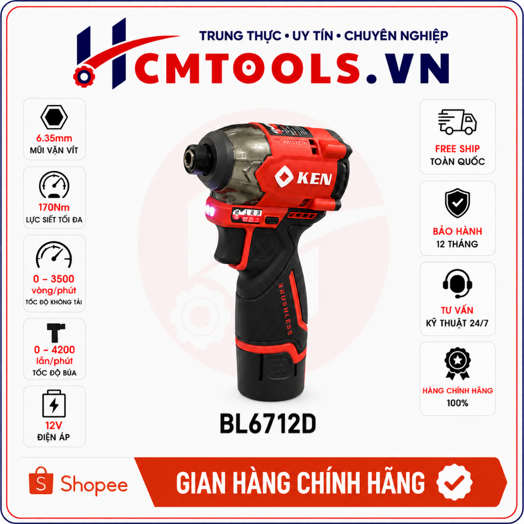Máy Bắt Vít Pin 12V KEN BL6712D Không Chổi Than 170Nm 2 Pin 1 Sạc 4 cấp chỉnh lực cò nhậy Chính Hãng