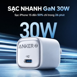 Củ sạc Anker Zolo 30W, model A2698, 1 cổng USB C, công nghệ GaN siêu mát, chuẩn sạc IQ3/PD