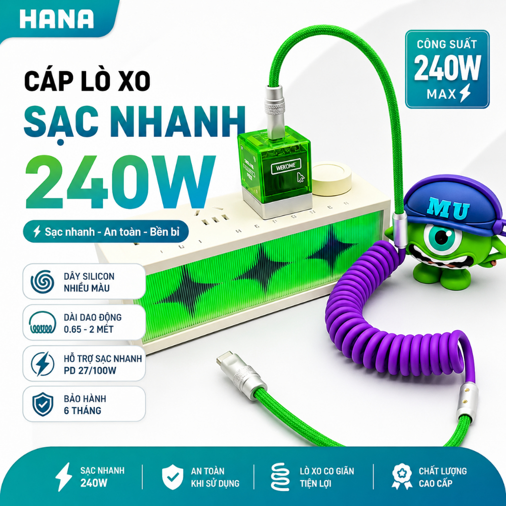 Dây Sạc Nhanh CarPlay 240W - Chip Emarker - Lò xo Co Giãn 2m Bọc Silicone - Đầu Kim Loại - Bảo hành 6 tháng