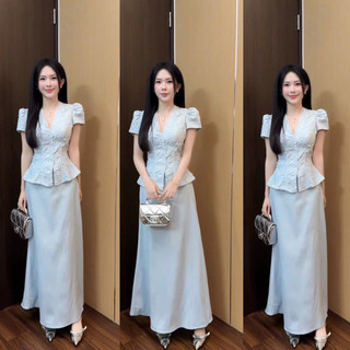 Set bộ áo tay cộc thêu hoa phối chân váy dáng chữ A tiểu thư