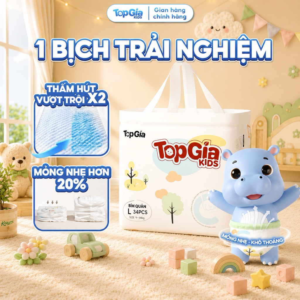 Tã/Bỉm Quần Dán Em Bé TOPGIAKIDS/OMMA pH<7 Hỗ Trợ Kháng Khuẩn, Chống Tràn,Thấm Hút Tốt Khô Thoáng Cả Ngày