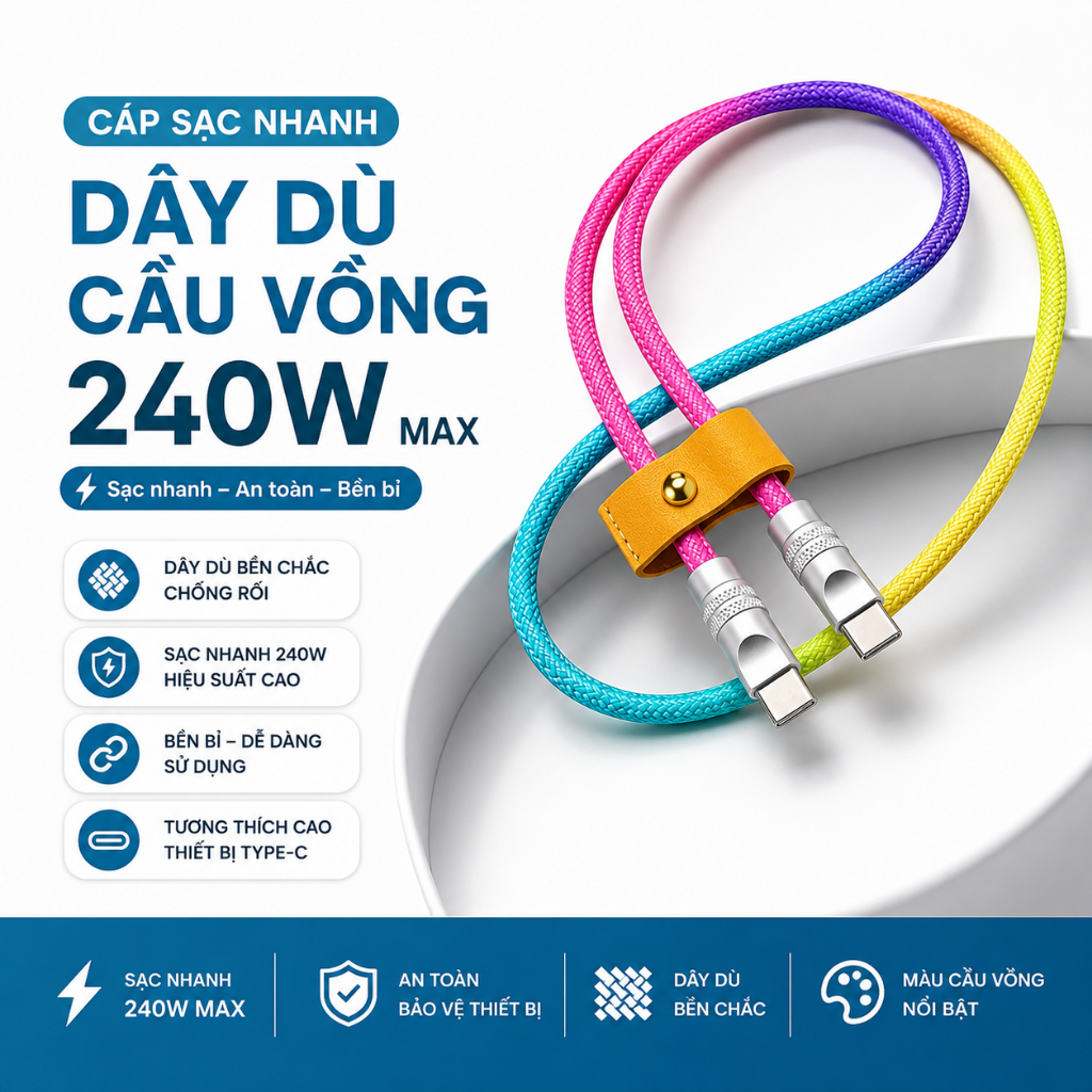 Cáp Sạc Nhanh 240W PD,  Dây Sạc Bện Vải Màu Siêu Mềm, Phù hợp Cho nhiều dòng máy