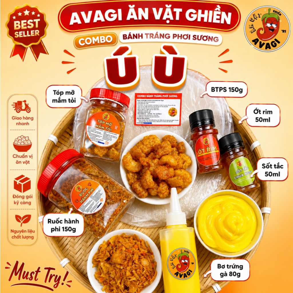 Bánh tráng Phơi Sương COMBO Ú Ù AVAGI (Bánh tráng, Tóp mỡ, túi Bơ, Ruốc hành phi, sốt tắc, ớt rim)