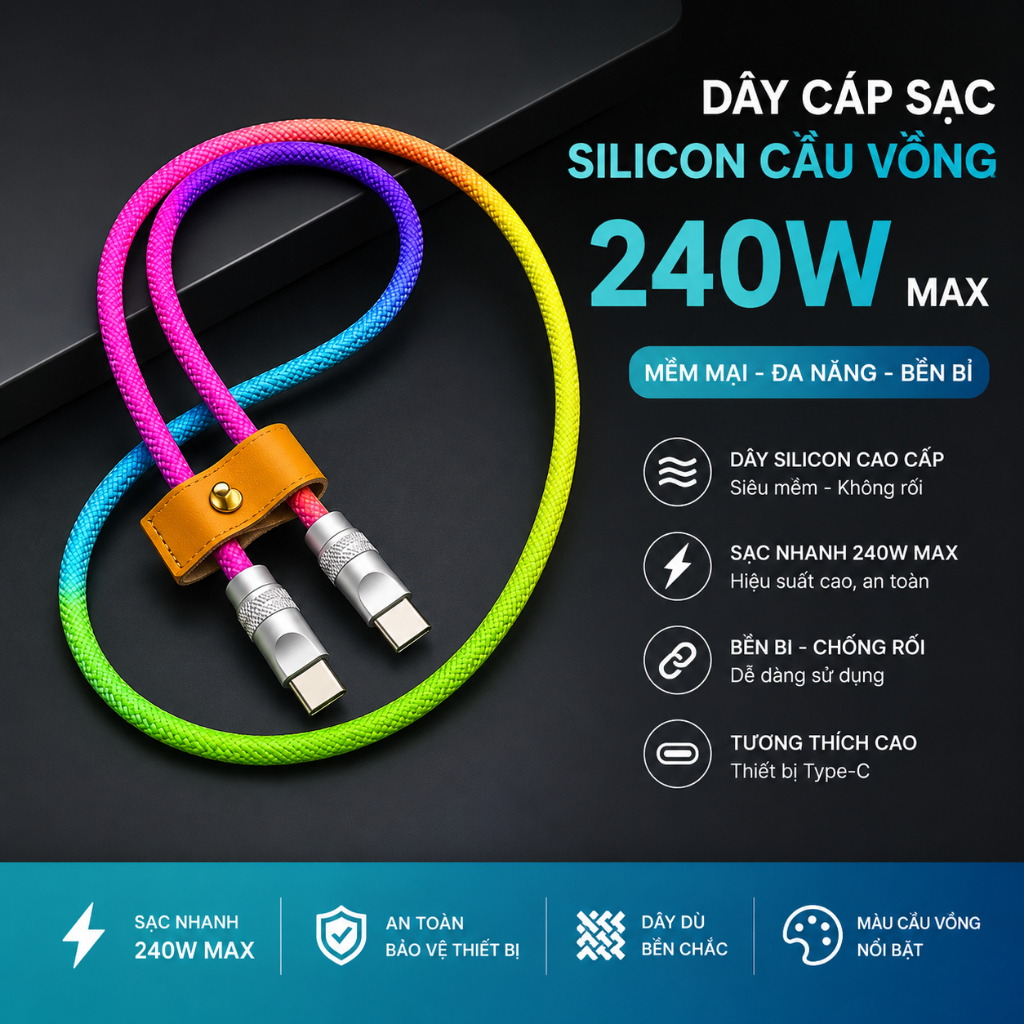Cáp Sạc Nhanh 240W PD,  Dây Sạc Bện Vải Màu Siêu Mềm, Phù hợp Cho nhiều dòng máy