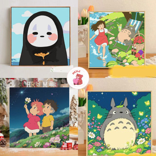 ( TẶNG SET 10 KHẨU TRANG) Tranh Số Hoá Totoro Câu Cá Hoạt Hình Tranh Tô Màu 20x20cm dễ thương đầy đủ cọ, màu, căng khung