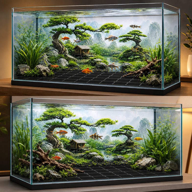 Tranh Dán Bể Cá 3D Tiểu Cảnh Bonsai Nhà Gỗ, Phông Nền Hồ Cá Phong Cảnh Thiên Nhiên Chống Nước HC021